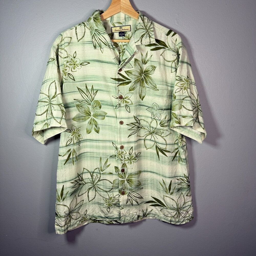 Tommy Bahama 100% Silk Green Floral Hawaiian Shirt Aloha Button Down Size S